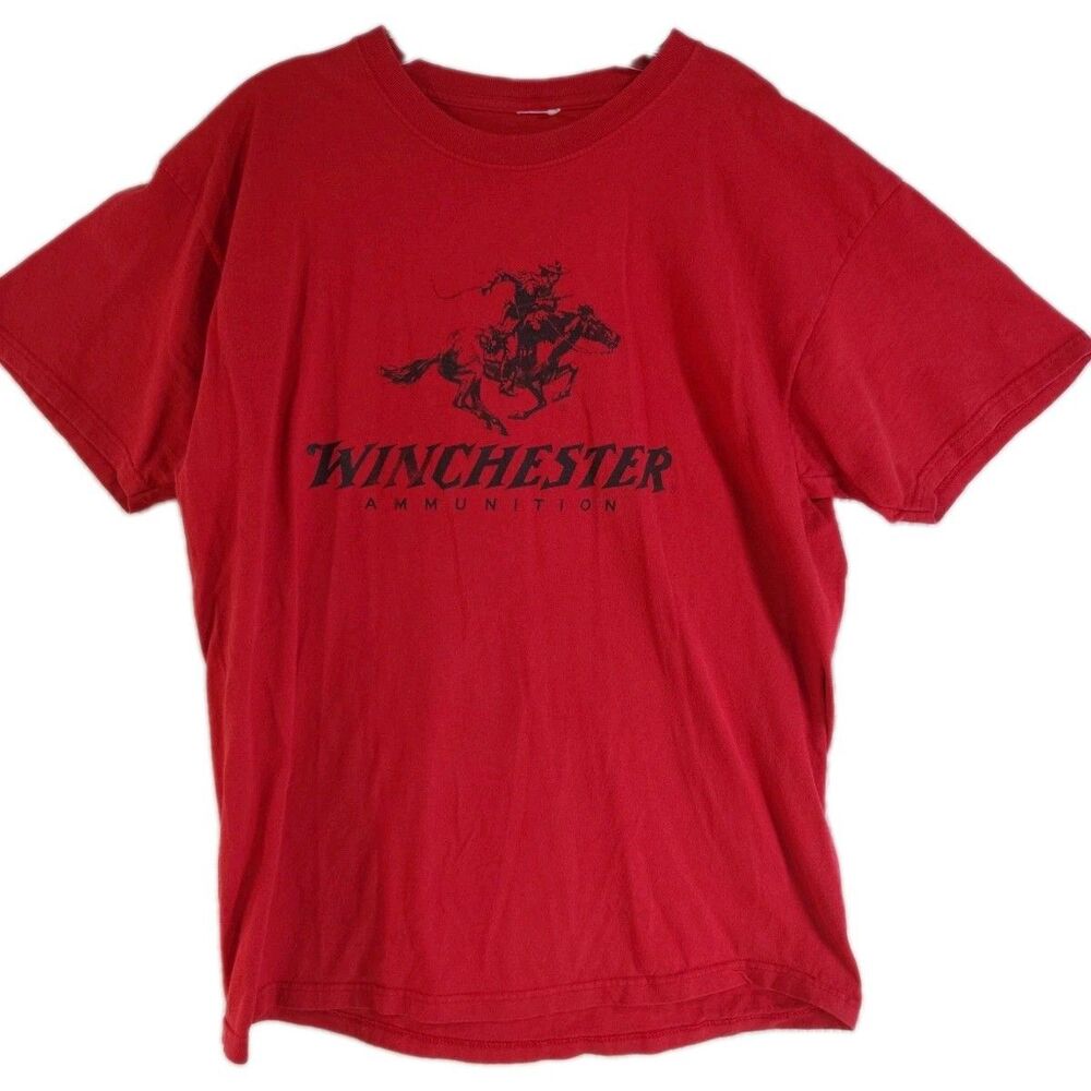 Vintage Winchester T Shirt Size L Short Sleeve Ammo Cowboy Horse Red Back Print